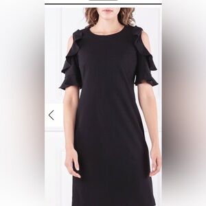 Sz 6 DKNY black cold shoulder jersey cocktail dress gold back logo zipper NWOT